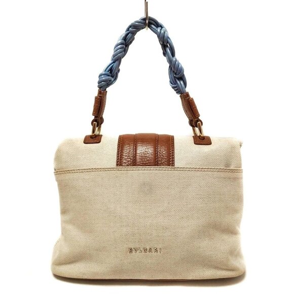 Auth BVLGARI Leoni Cream Brown Light Blue Canvas Leather Handbag - Picture 2 of 9